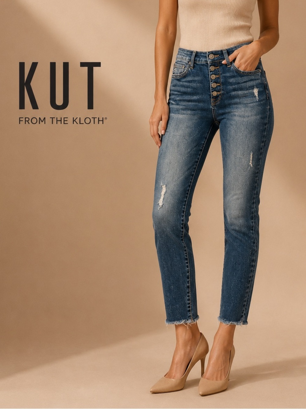 Kut from the Kloth High-Rise Button-Fly Distressed Jeans - Blue Size 6